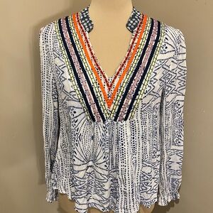 THML Blue and Orange Patterned V-Neck Blouse